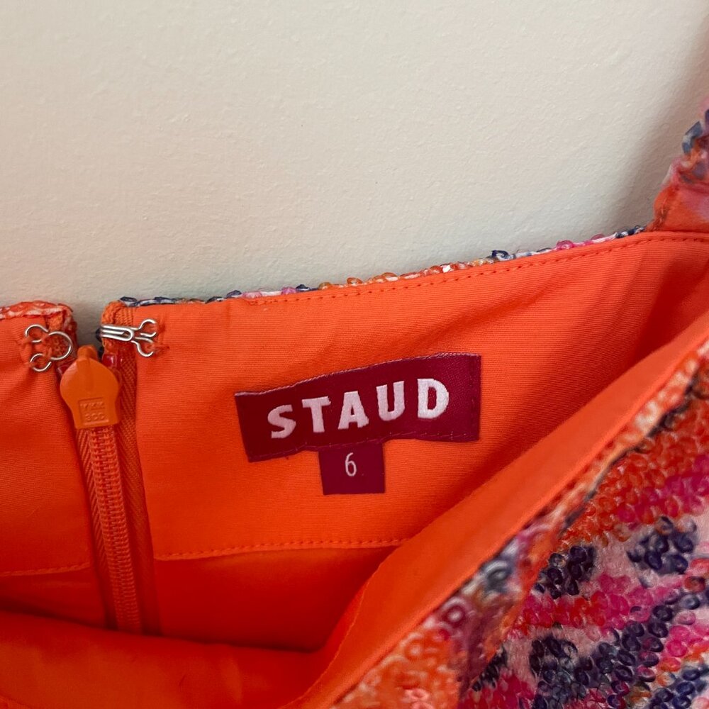 STAUD Wilde Gown - MONARCH PAISLEY - Size 6 - Orange Pink Sequin Sheer FORMAL - Picture 5 of 12